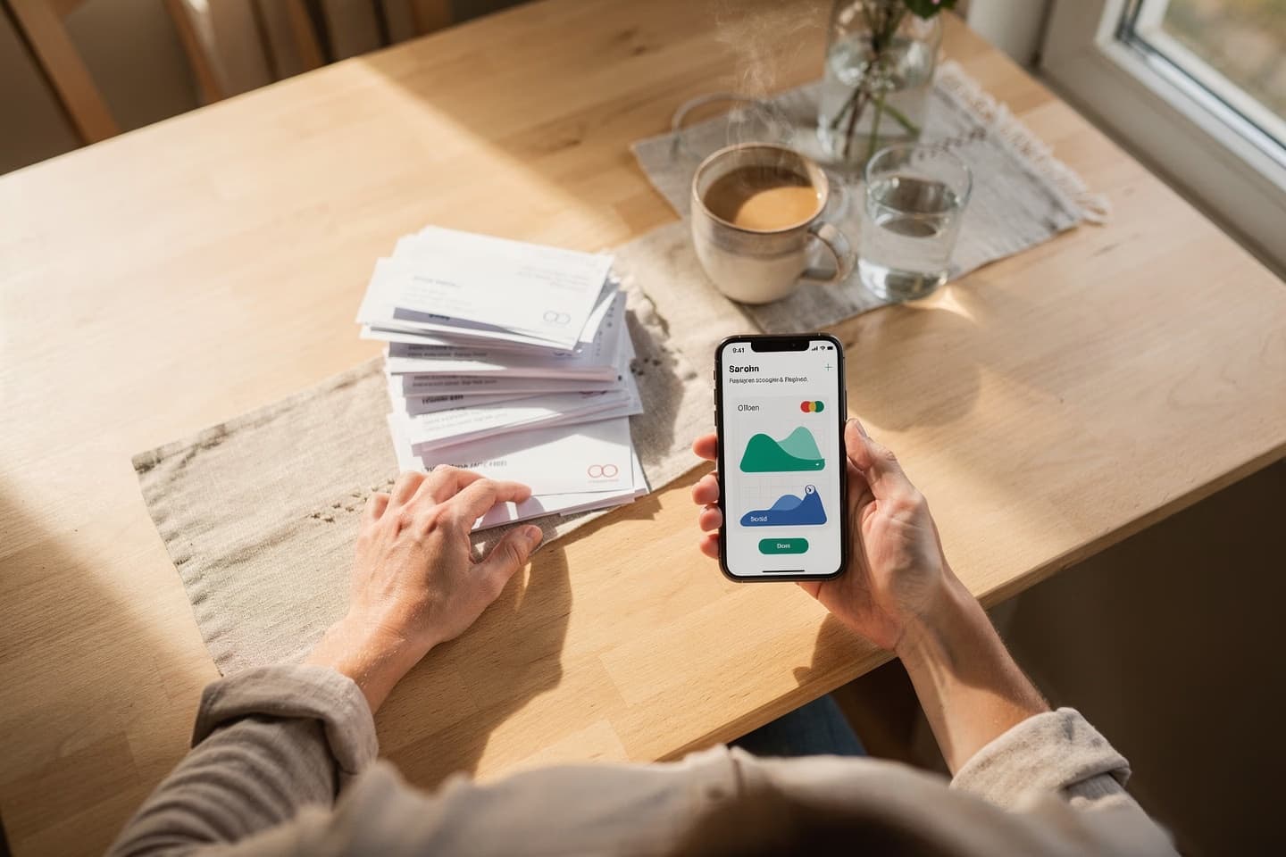 AI-generert illustrasjon: person sorterer post og bruker BankID-app ved kjøkkenbord i august.
