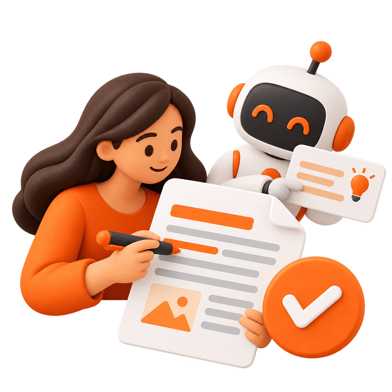 Illustrasjon av en kvinne som redigerer et dokument sammen med en robotassistent, med en oransje godkjenningshake foran